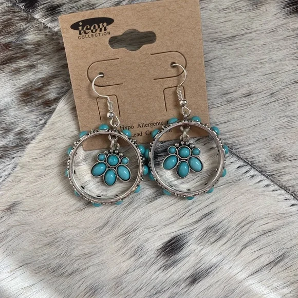 brand new silver and turquoise hanging hoop earrings - Picture 3 of 3